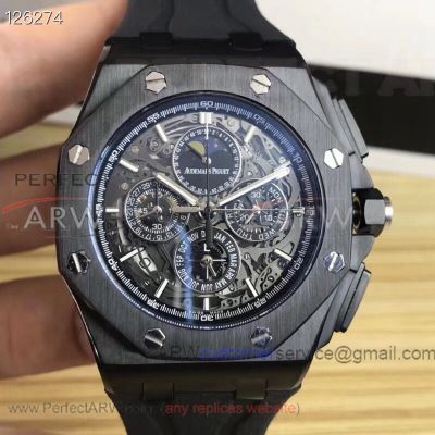 Perfect Replica Audemars Piguet Royal Oak Black Steel Case Black Skeleton Face Chronograph 42mm Men's Watch